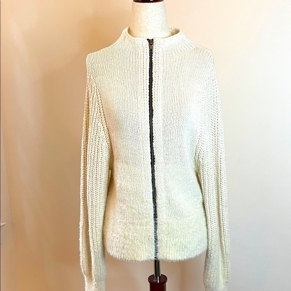 Pilcro by Anthropologie Winnie White Zip Cardigan Sweater with Faux Fur • Size M